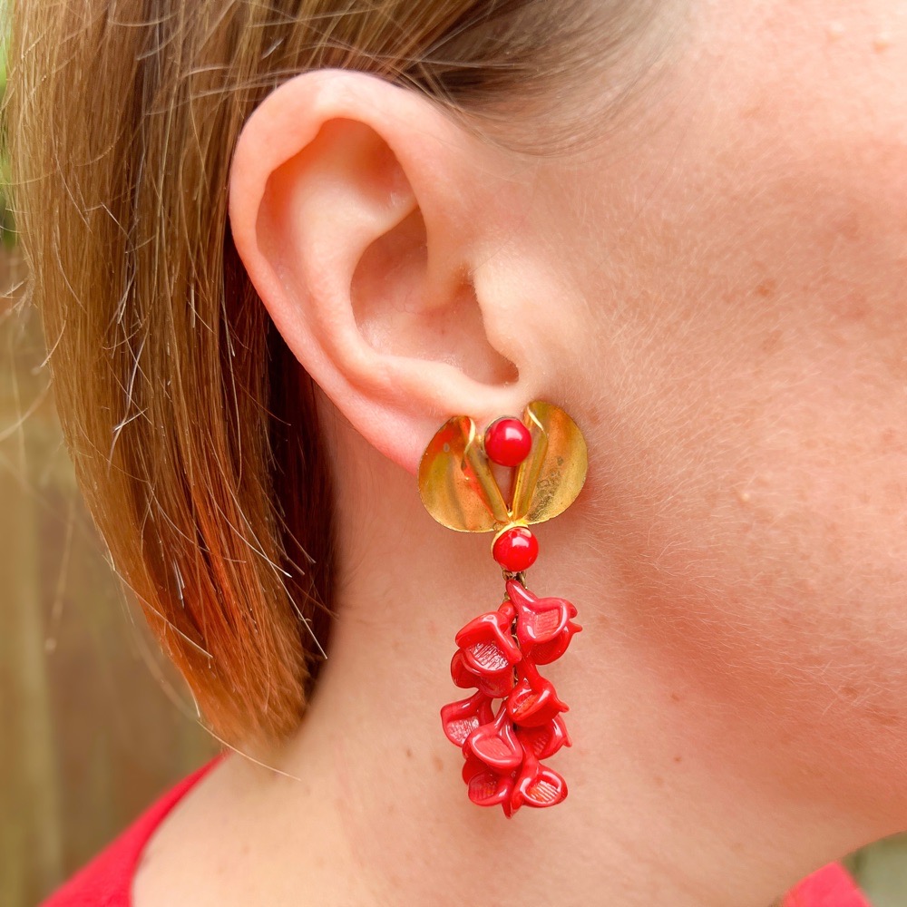 Louis Rousselet for Madeleine Rivière 1950s Red Glass Flower Vintage Drop Earrings
